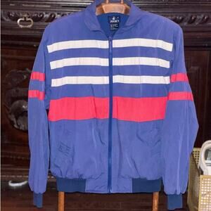 Vintage Jockey Nylon Windbreaker Jacket - Striped Blue, White, and Red - Size M
